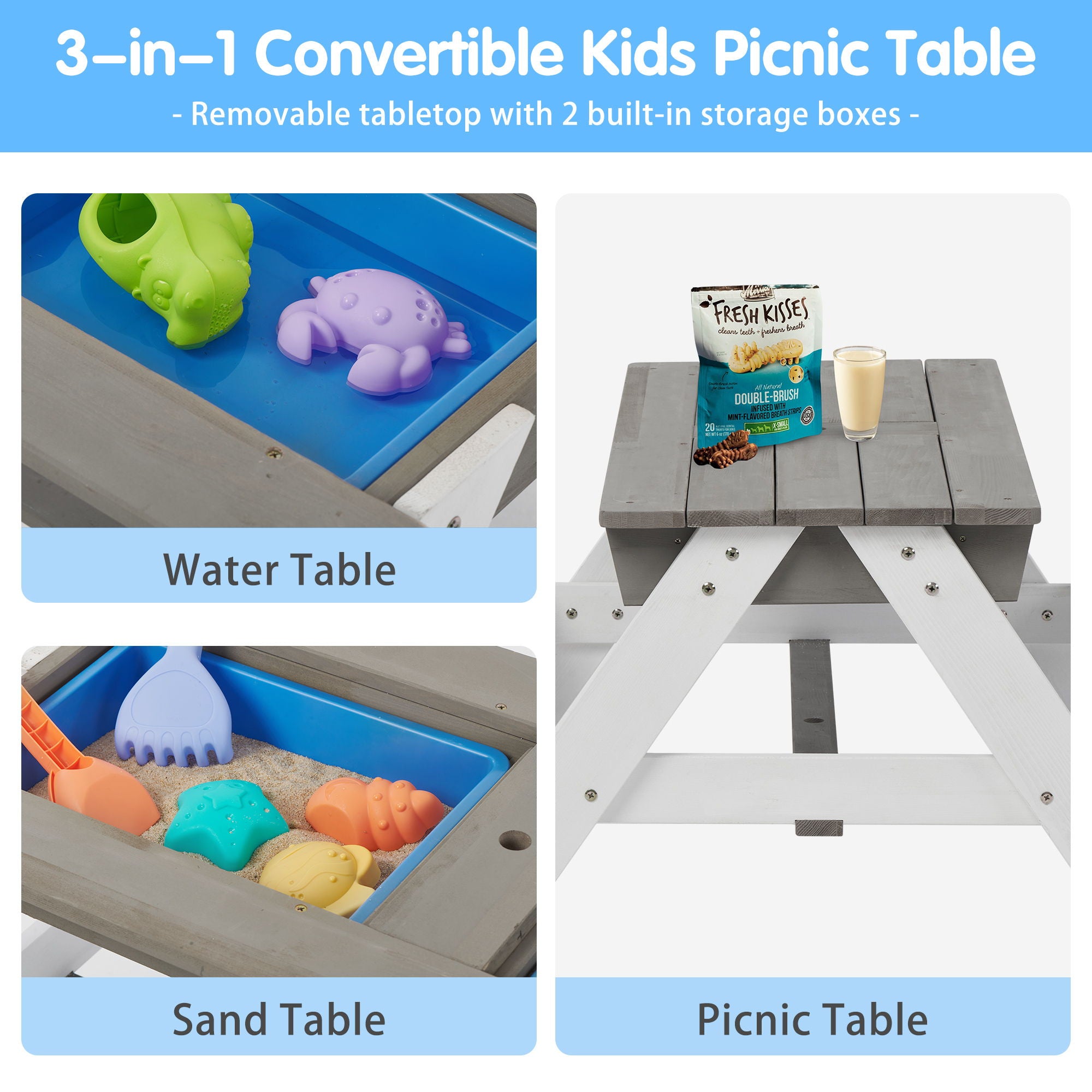 3-In-1 Kids Outdoor Wooden Picnic Table With Umbrella, Convertible Sand &amp; Water, ASTM &amp; CPSIA Certification