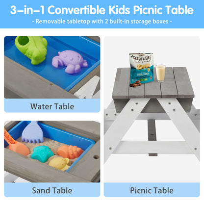 3-In-1 Kids Outdoor Wooden Picnic Table With Umbrella, Convertible Sand &amp; Water, ASTM &amp; CPSIA Certification