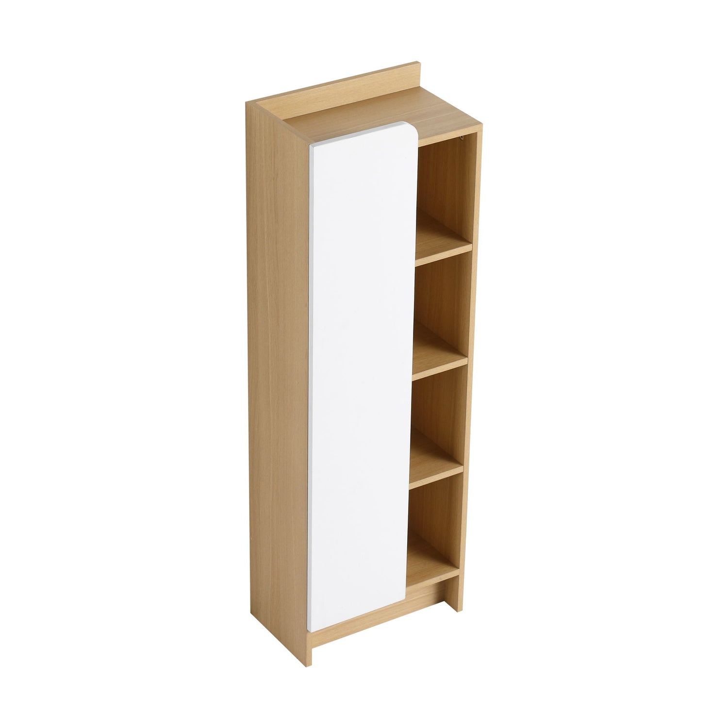 Tall Freestanding Bathroom Side Cabinet With Single Door &amp; 4 Tier Open Shelves - Black / Light Oak / White
