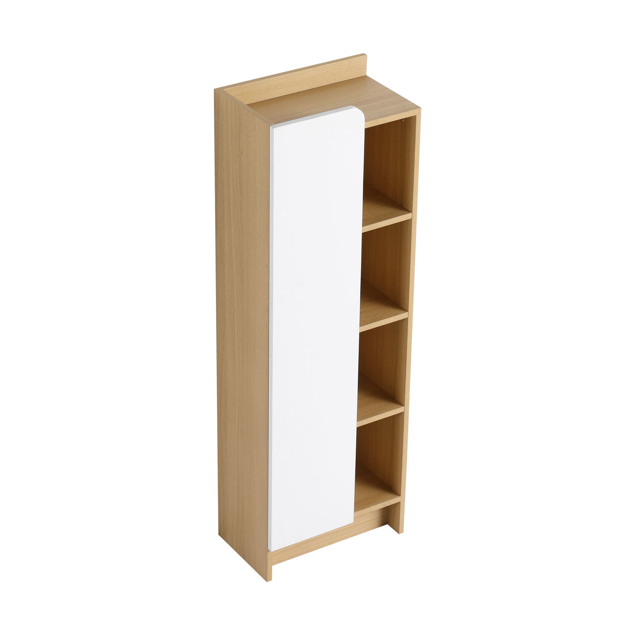 Tall Freestanding Bathroom Side Cabinet With Single Door &amp; 4 Tier Open Shelves - Black / Light Oak / White