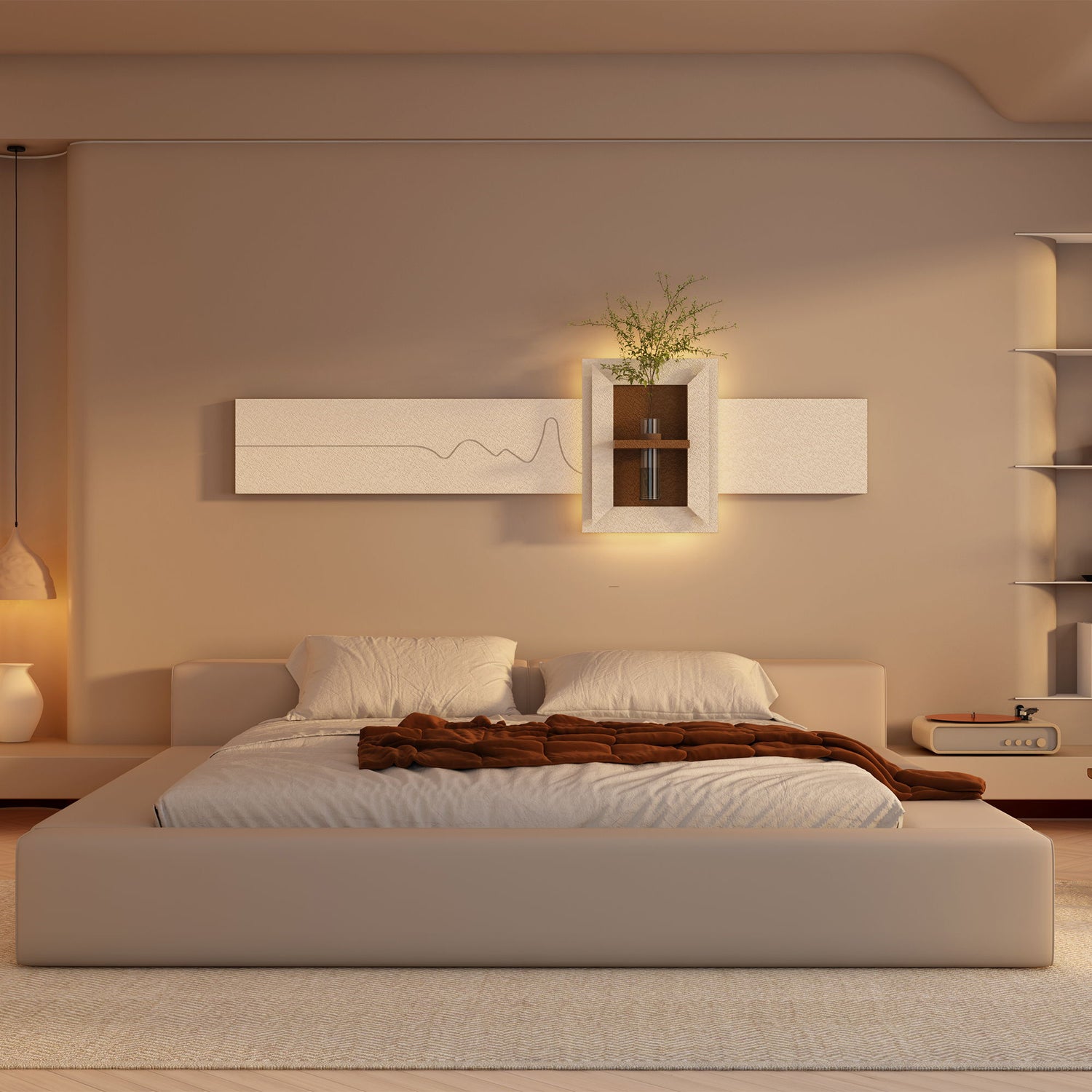 3D LED Sandstone Wall Decor With Simulated Plants, Glass Vase &amp; Remote Control - Light Coffee