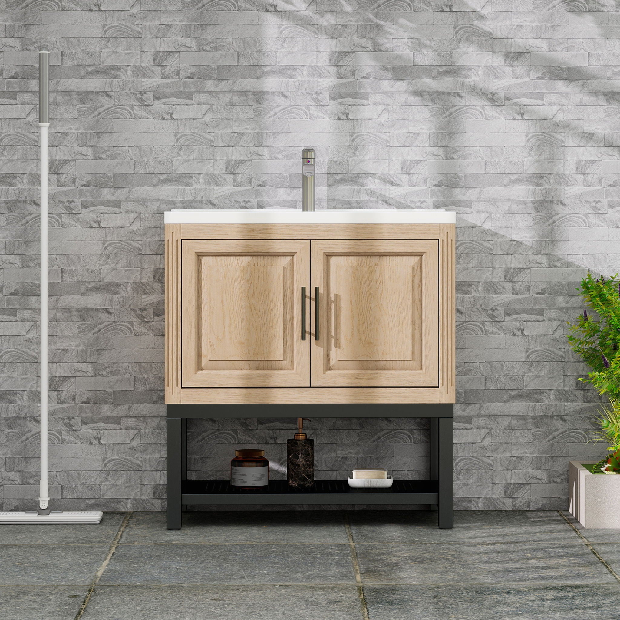 Modern Freestanding Bathroom Vanity With Ceramic Sink, Hot And Cold Faucet, Storage Cabinet &amp; Open Shelf