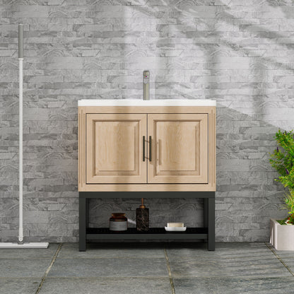 Modern Freestanding Bathroom Vanity With Ceramic Sink, Hot And Cold Faucet, Storage Cabinet &amp; Open Shelf