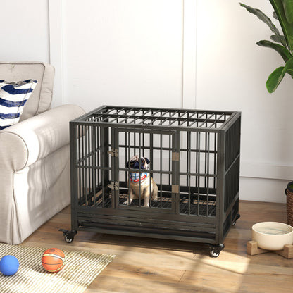 Pawhut - 36&quot; Heavy Duty Dog Crate Metal Cage Kennel With Lockable Wheels, Double Door And Removable Tray - Gray