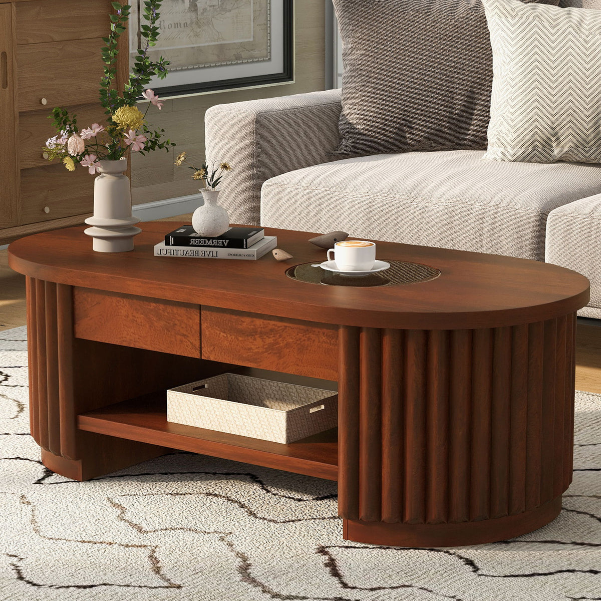 Fluted Oval Coffee Table With Drawers, 2 Tier Cocktail Table
