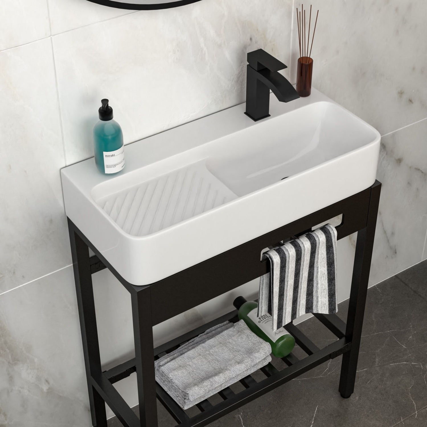Inspired Console Sink With Built In Washboard, Overflow &amp; Sleek Legs, 28&quot; X 12&quot; - White / Black