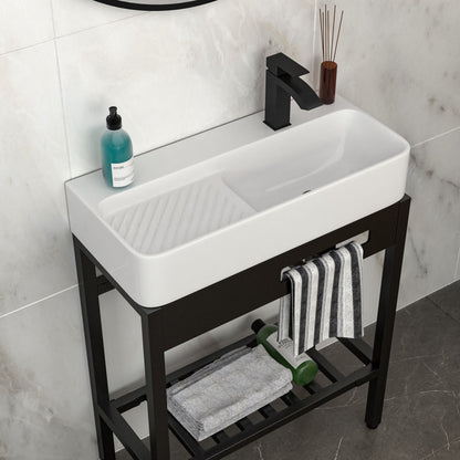 Inspired Console Sink With Built In Washboard, Overflow &amp; Sleek Legs, 28&quot; X 12&quot; - White / Black