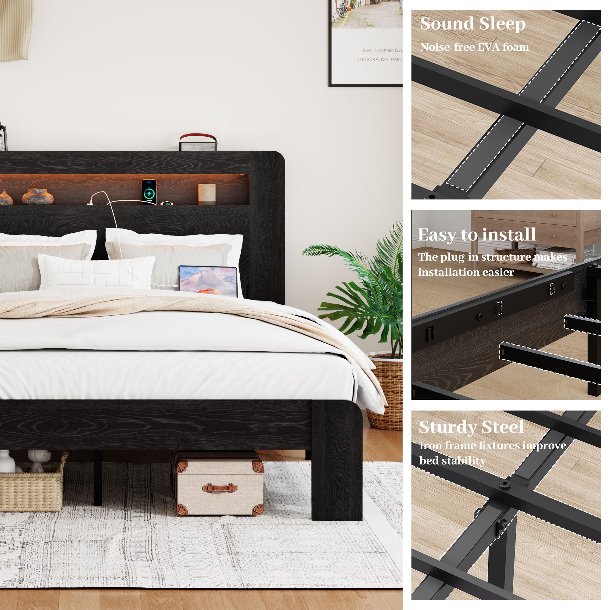 Wood Platform Bed Frame With Storage LED Light Headboard &amp; USB