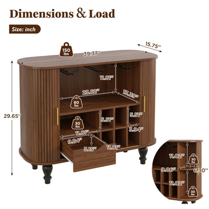 Fluted Liquor &amp; Coffee Bar Cabinet With 6 Wine Racks And 3 Glass Holders