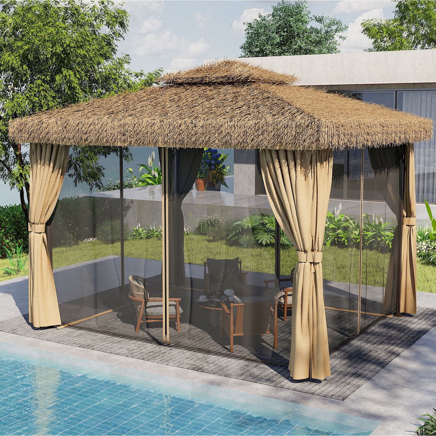 Outdoor Patio Gazebo With Double Canopy, Mosquito Net &amp; Privacy Curtain - Brown