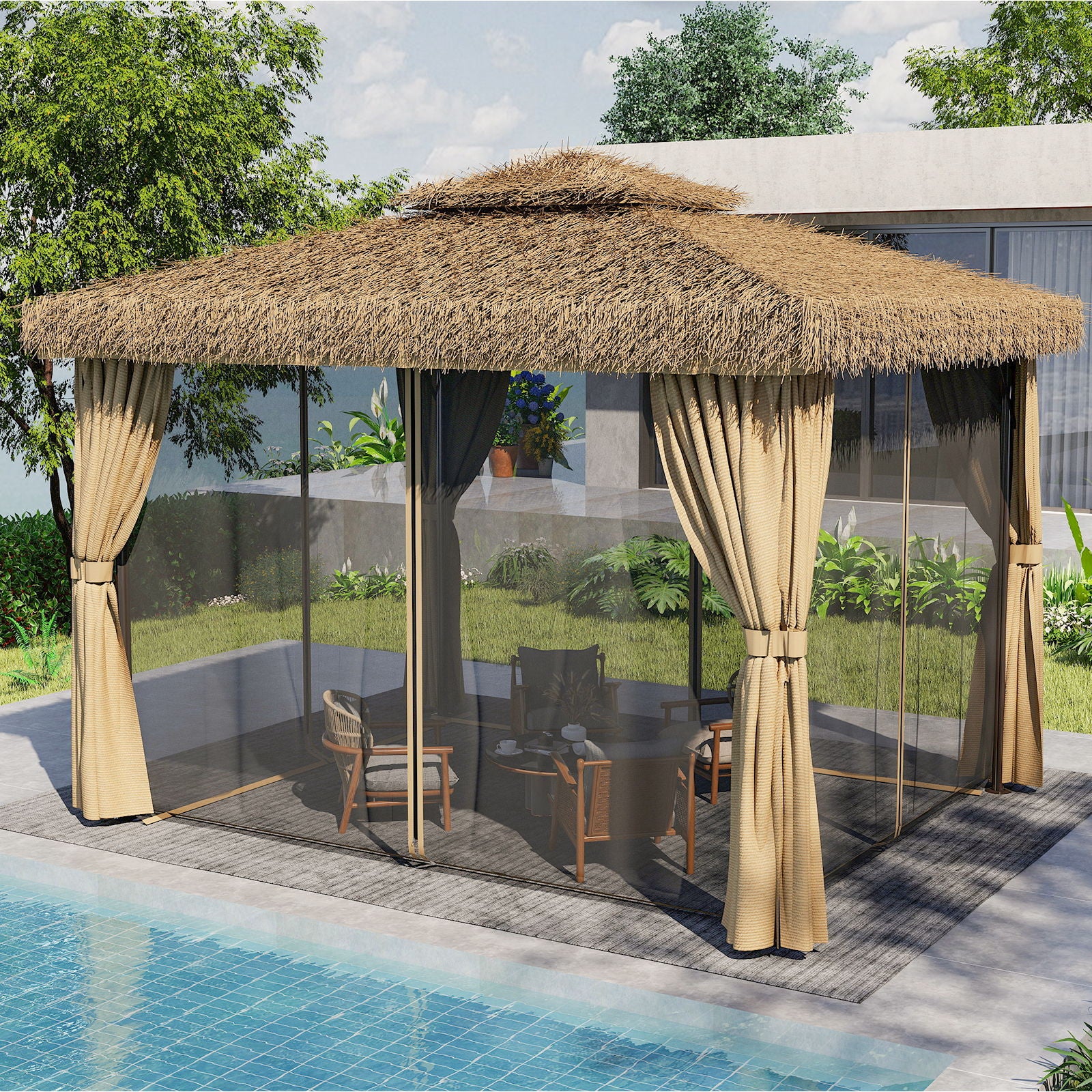 Outdoor Patio Gazebo With Double Canopy, Mosquito Net &amp; Privacy Curtain - Brown