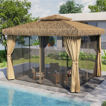 Outdoor Patio Gazebo With Double Canopy, Mosquito Net &amp; Privacy Curtain - Brown