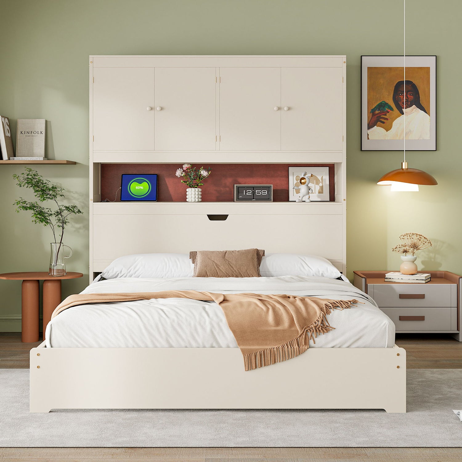 Platform Bed With USB, Storage Headboard &amp; Drawers