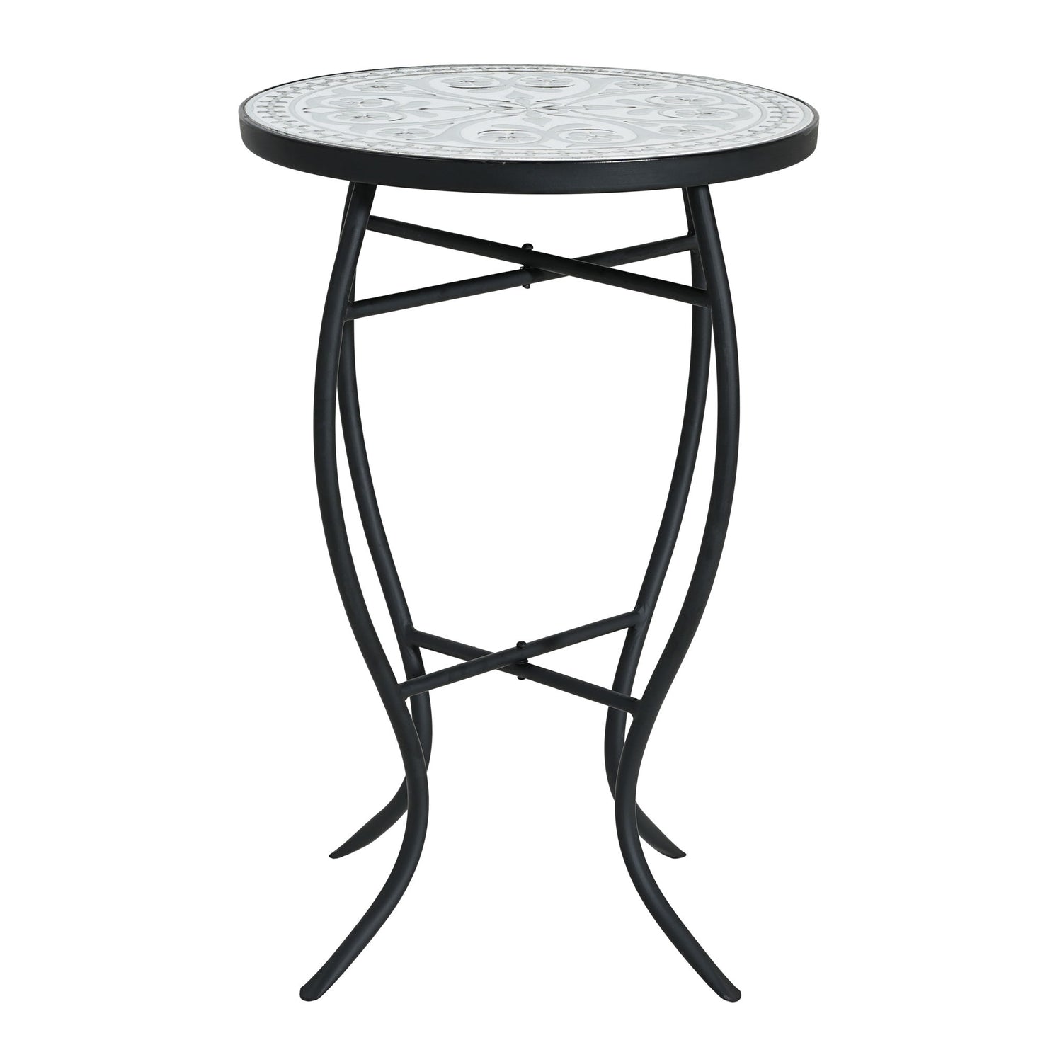 Outdoor Round Side Table With Mosaic Style Top And Curved Iron Legs