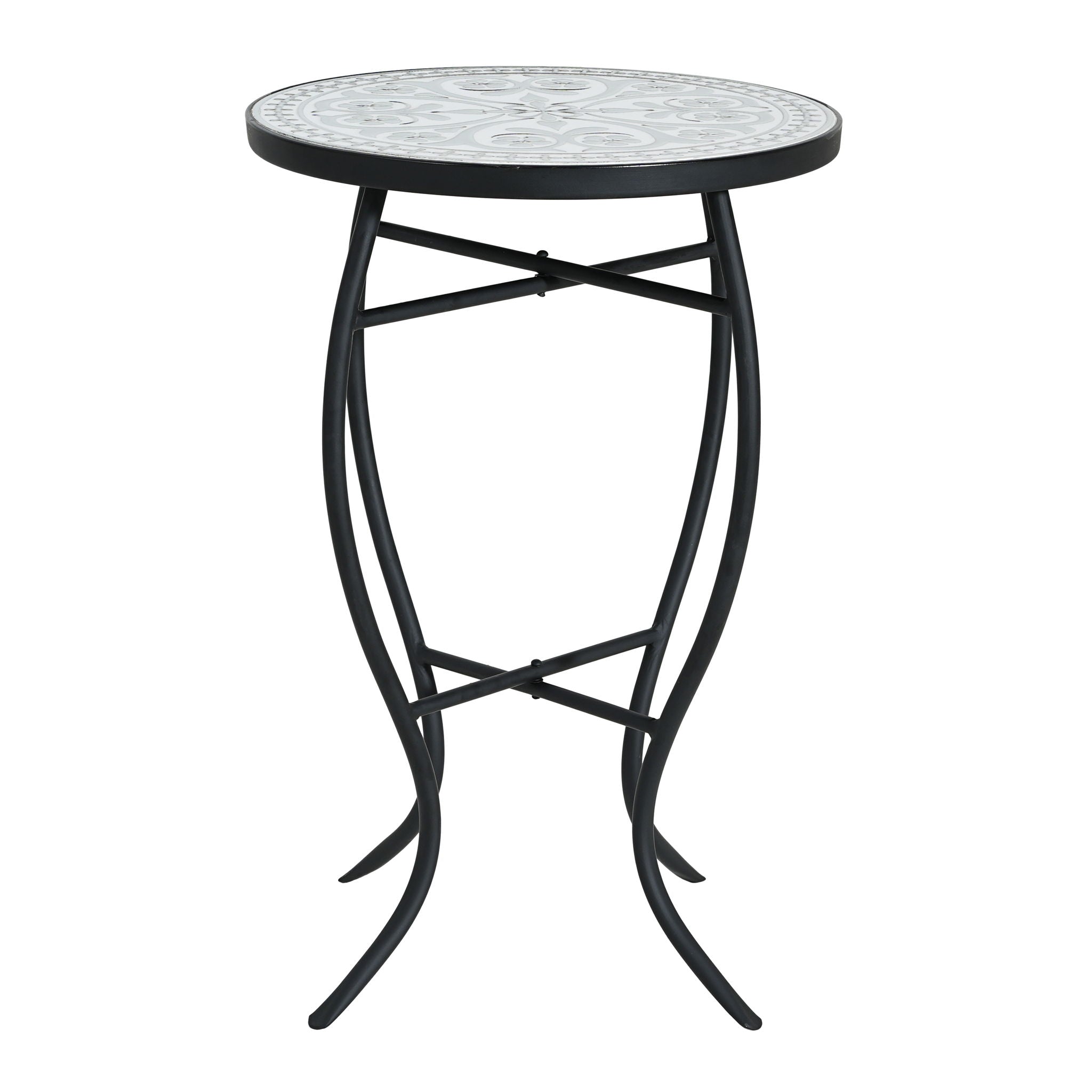 Outdoor Round Side Table With Mosaic Style Top And Curved Iron Legs