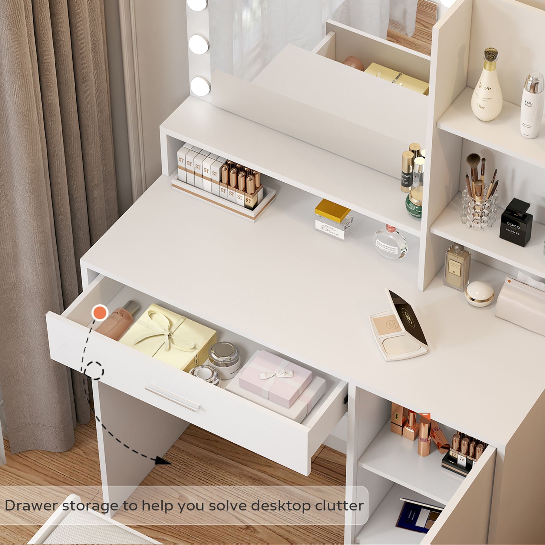 Vanity Desk With Mirror &amp; Light, Large Drawer Three Level Storage Dresser, 3 Lighting Modes Adjustable Brightness, Bedroom Dressing Table (With Stool) - White