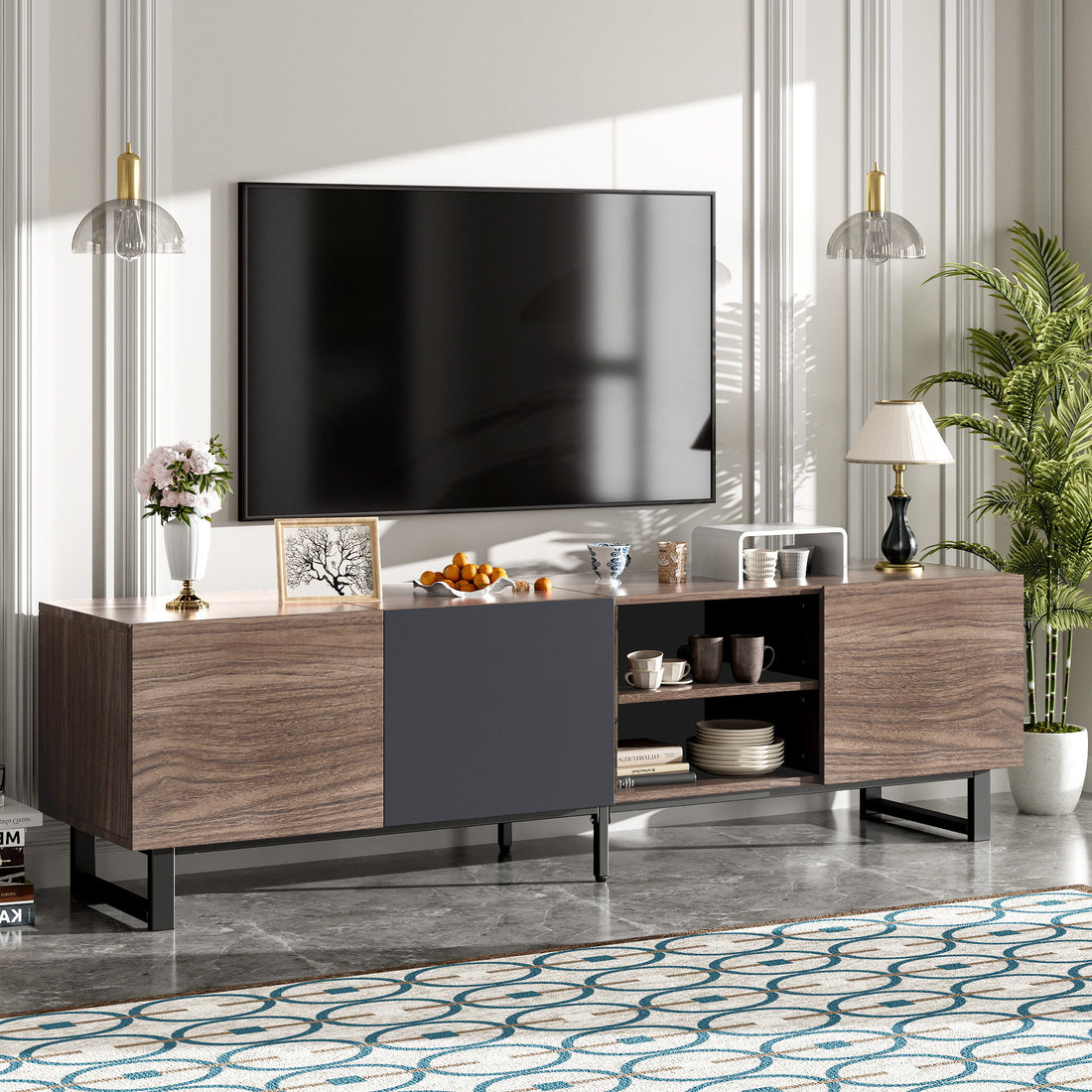 Modern TV With 3 Cabinets &amp; Open Shelves, Color-Matching Media Console Table For Tvs Up To 80&