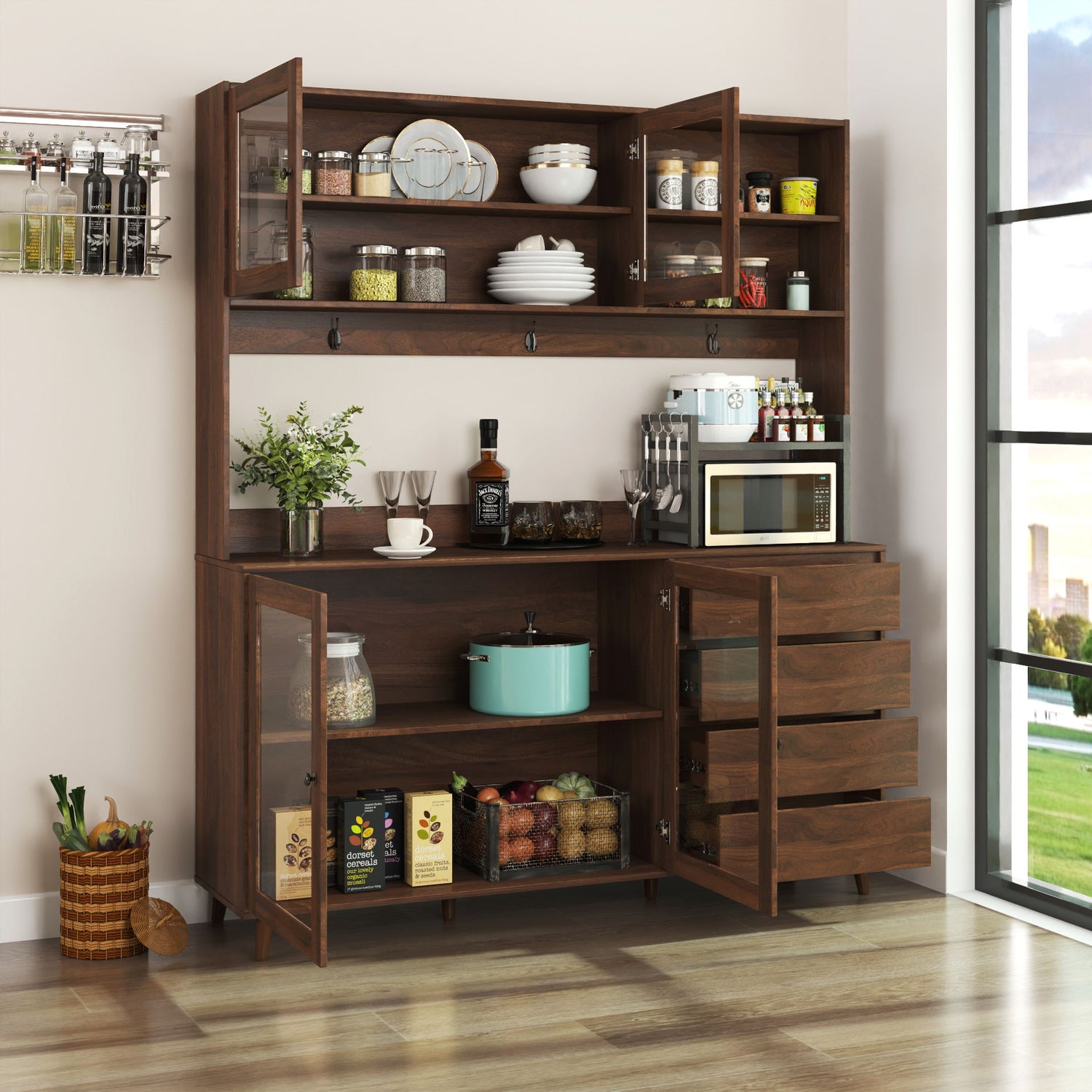 Large Kitchen Hutch Cabinet, Storage Kitchen Cupboard With 4 Doors, 4 Drawers &amp; Microwave Shelf - Walnut