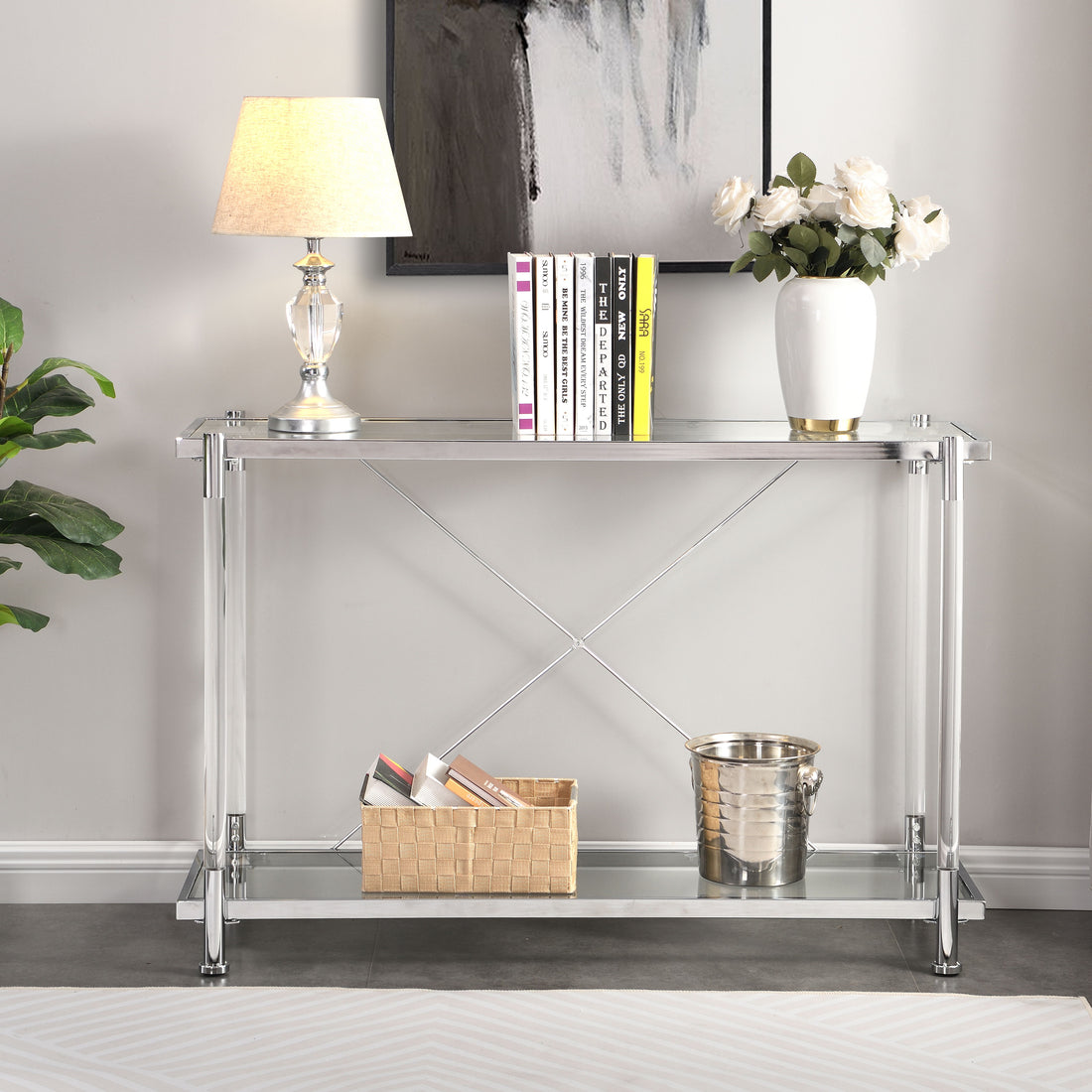 Chrome Glass Sofa Table, Acrylic Side Table, Console Table For Living Room &amp; Bedroom - Chrome