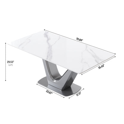 70.84&quot; Modern Artificial Stone Panel V-Shaped Metal Legs, Can Accommodate 6-8 People - White / Gray