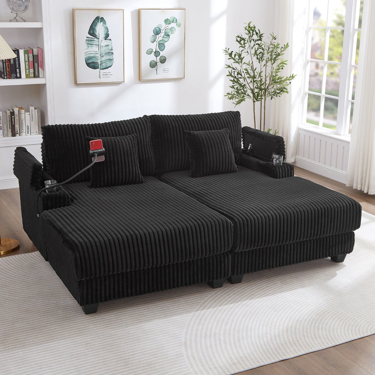 Modern Chaise Sofa With Adjustable Backrest, Cup Holders, Phone Holder &amp; Storage Compartments For Living Room