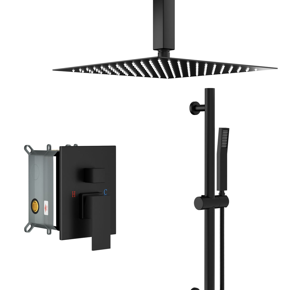 Ceiling Mounted Square Shower System With Adjustable Slide Bar, 16&quot; Rainfall Shower With Handheld - Matte Black