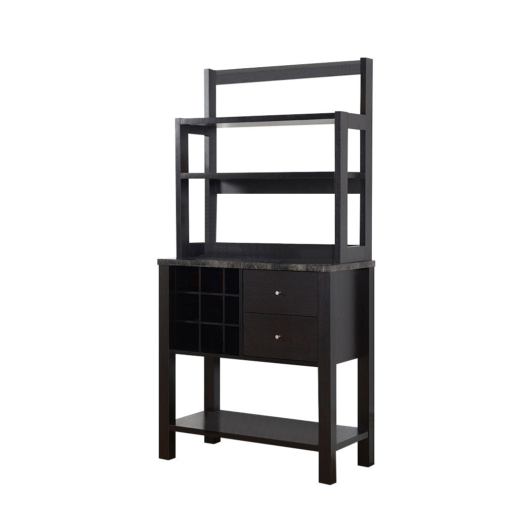 Bakers Cabinet With Three Display Shelves, Wine Compartment &amp; Two Drawers - Red Cocoa