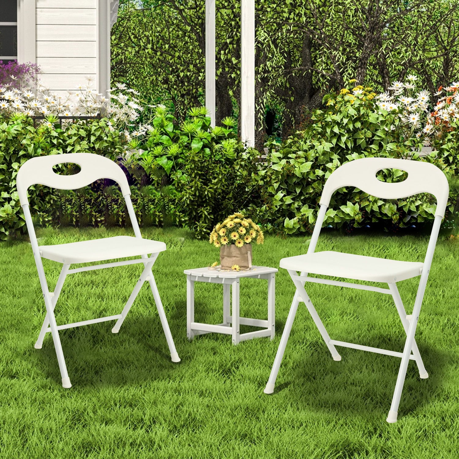 Folding Chairs, Stackable &amp; Waterproof (Set of 4) - White