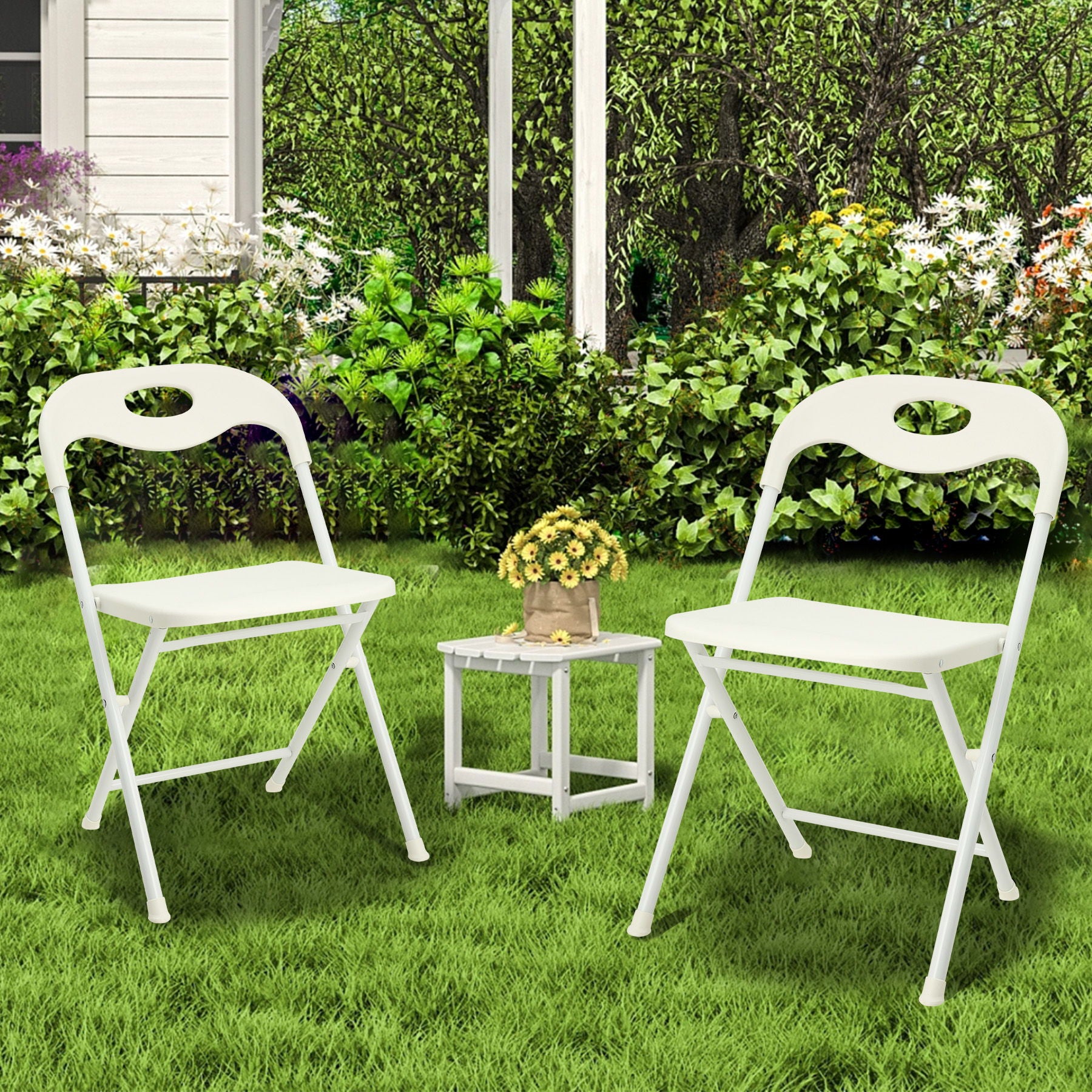 Folding Chairs, Stackable &amp; Waterproof (Set of 4) - White