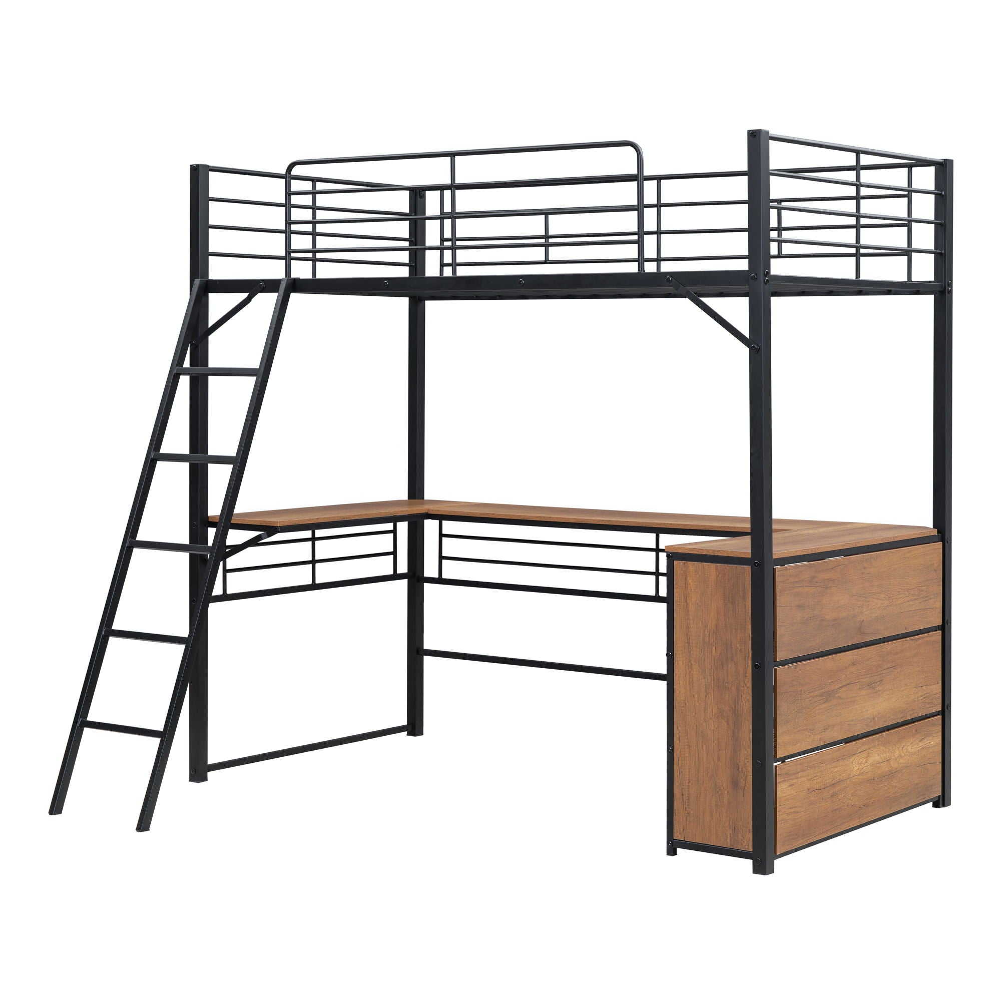 Loft Bed &amp; 3 Layers Of Shelves And L-Shaped Desk