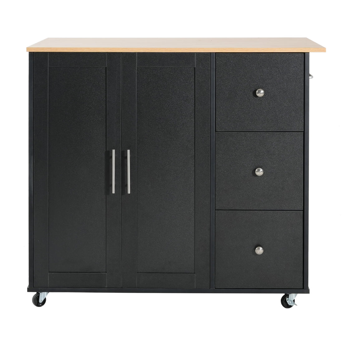 Mobile Kitchen Cart With Storage With 2 Doors, 3 Drawers &amp; Adjustable Shelf - Black / Natural