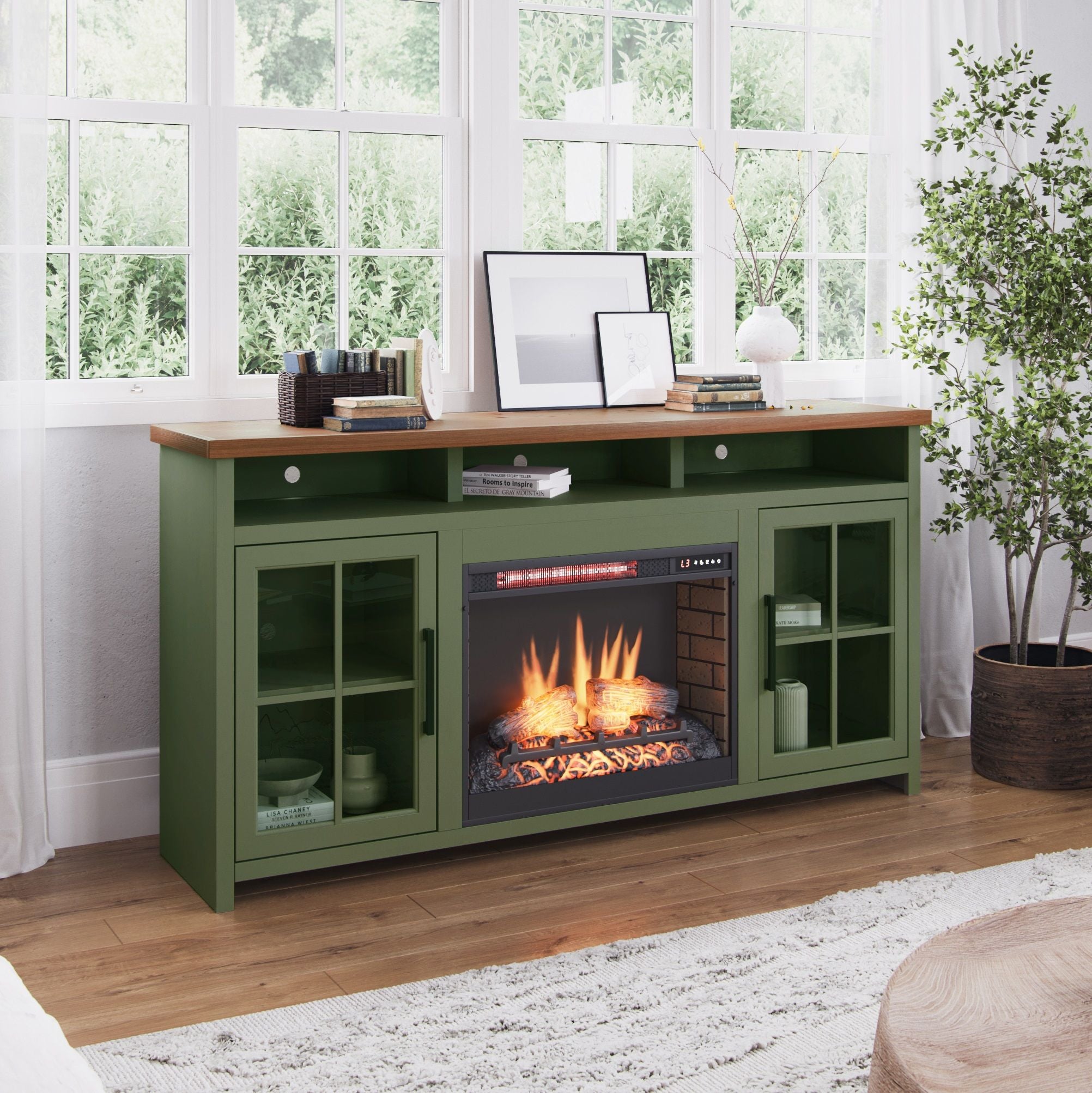 Vineyard - 74&quot; Fireplace TV Stand Console For TVs Up To 85&quot; - Sage Green And Fruitwood
