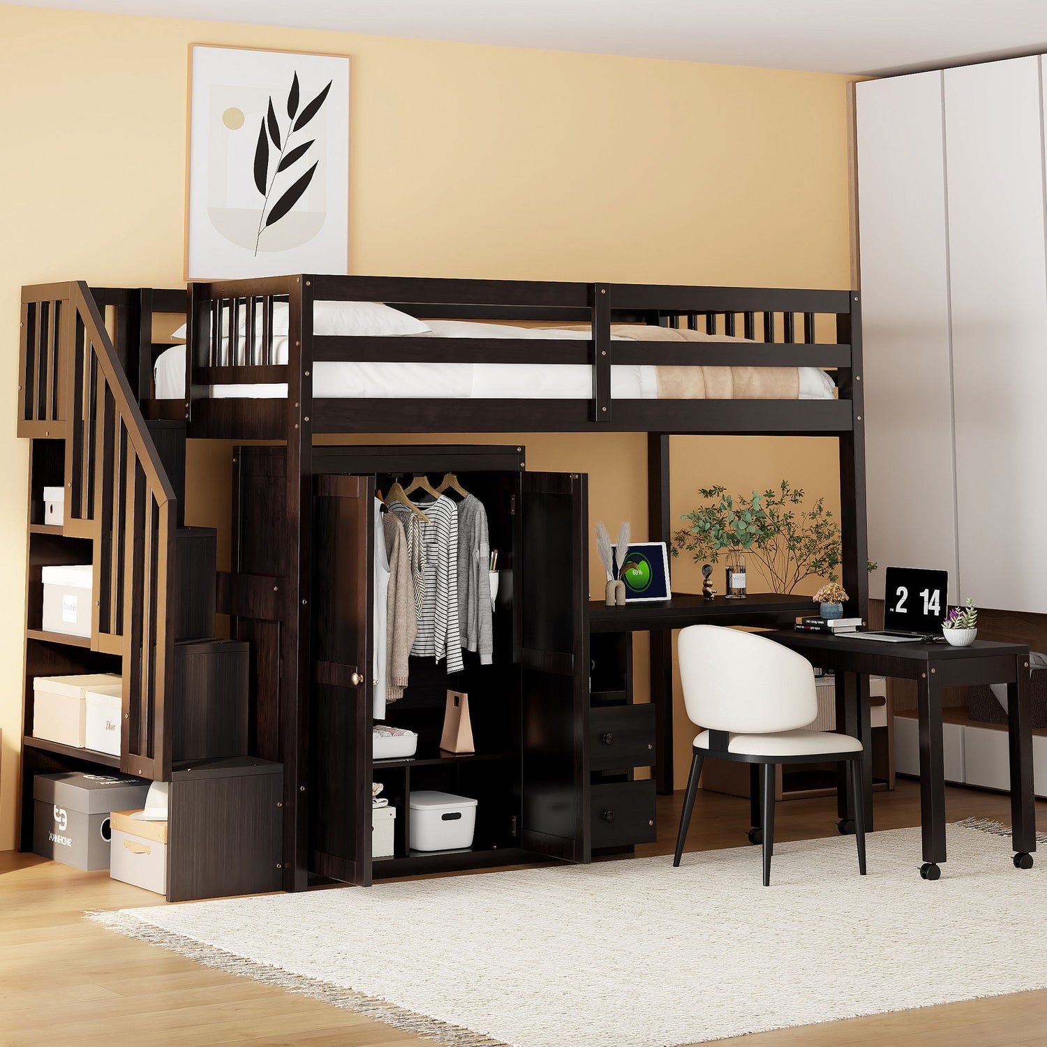 Loft Bed With Stairs, Bookshelf, Drawers, Desk &amp; Wardrobe, Space Saving Multifunctional Furniture