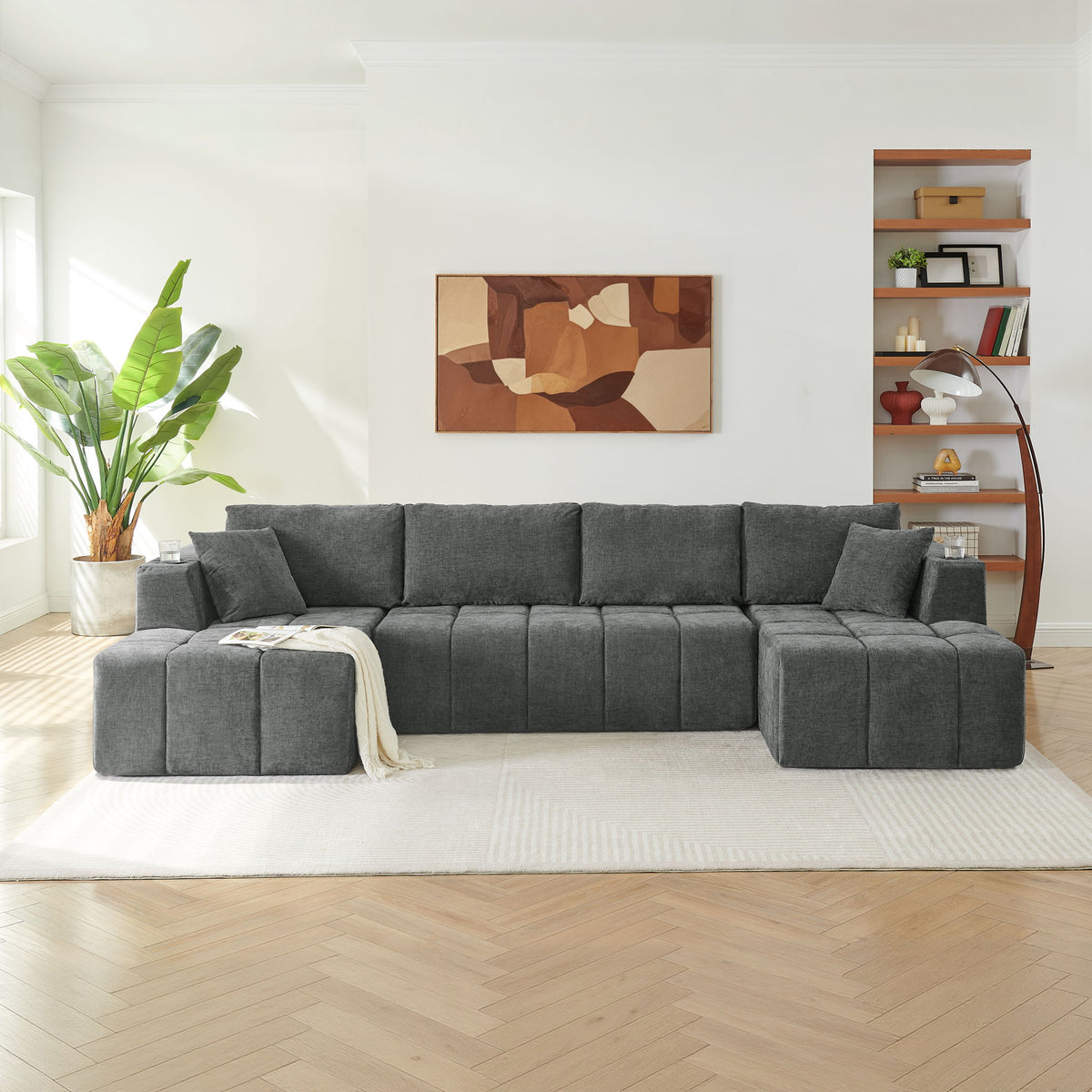 U - Shaped Sectional Sofa, Cup Holders &amp; Side Pockets For Living Room
