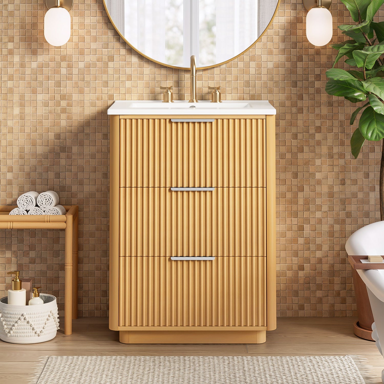 Bathroom Vanity With Sink, Open Shelf &amp; Closed Storage - Natural Wood