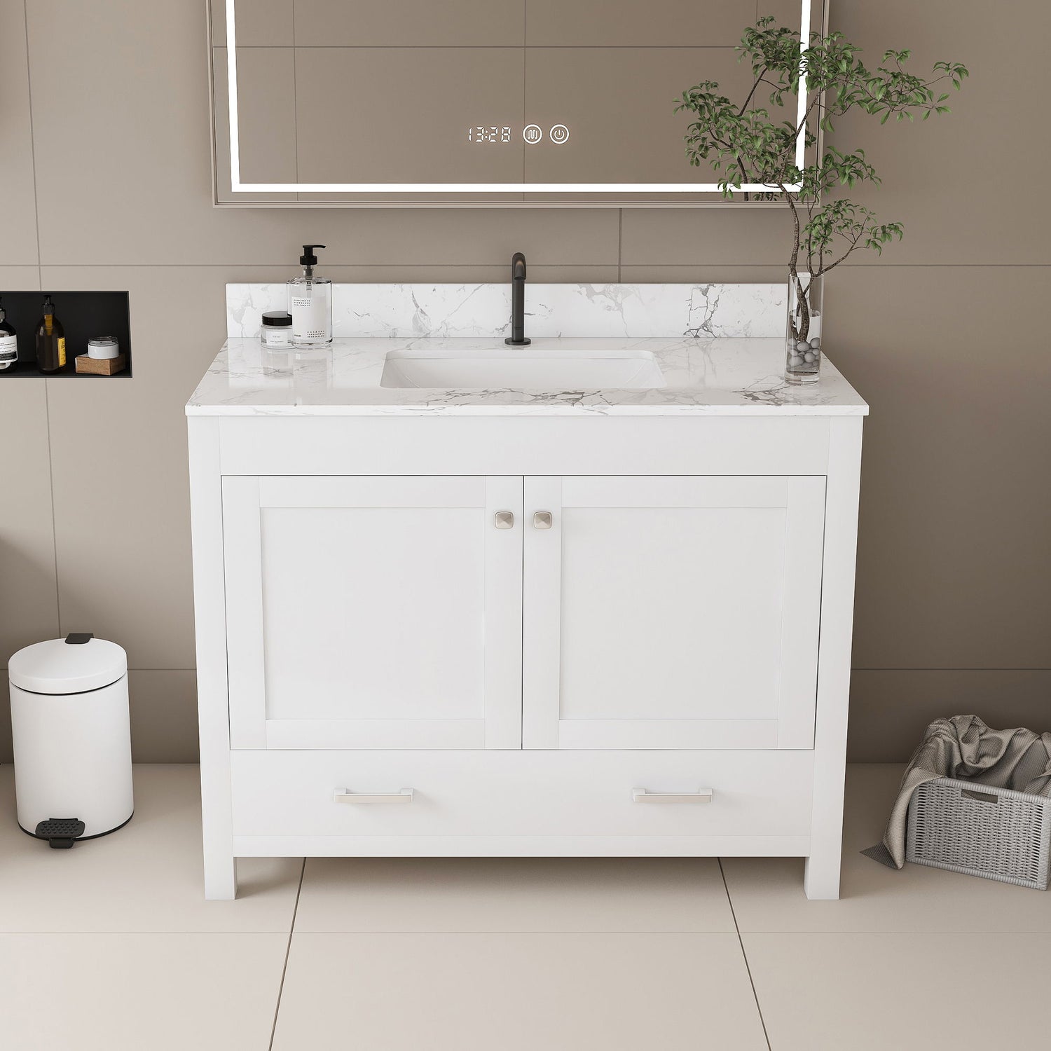 43&quot; Bathroom Vanity With Artificial Marble Carrara Top Set, Multi Functional Cabinet With Doors And Drawer - White