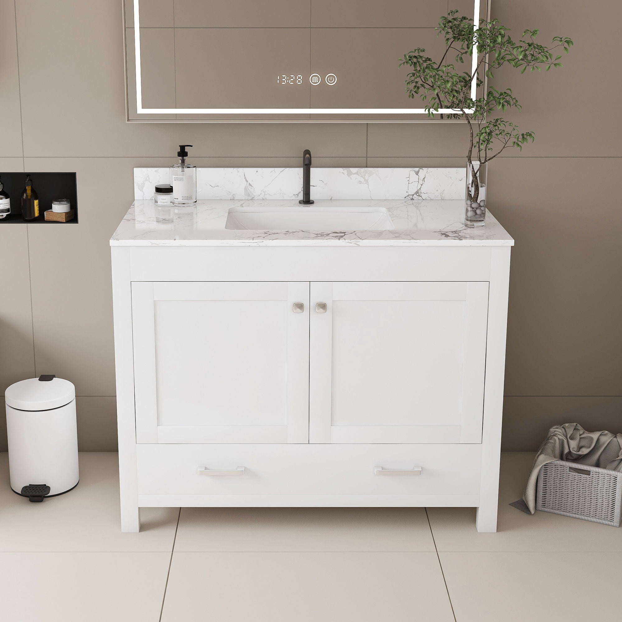 43&quot; Bathroom Vanity With Artificial Marble Carrara Top Set, Multi Functional Cabinet With Doors And Drawer - White