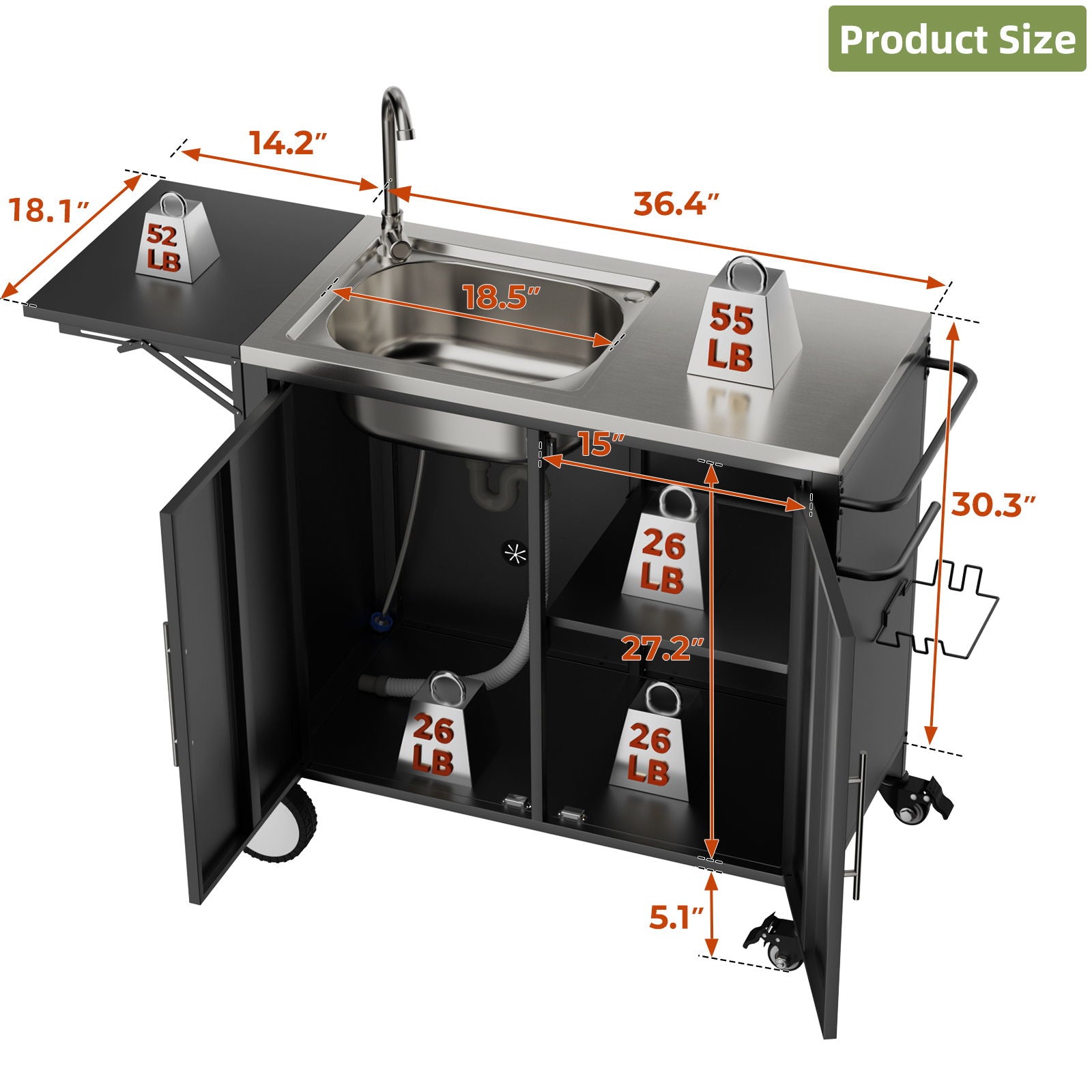Outdoor Grill Table With Sink, Worktable Kitchen Cabinet Island With Wheels &amp; Foldable Top - Black