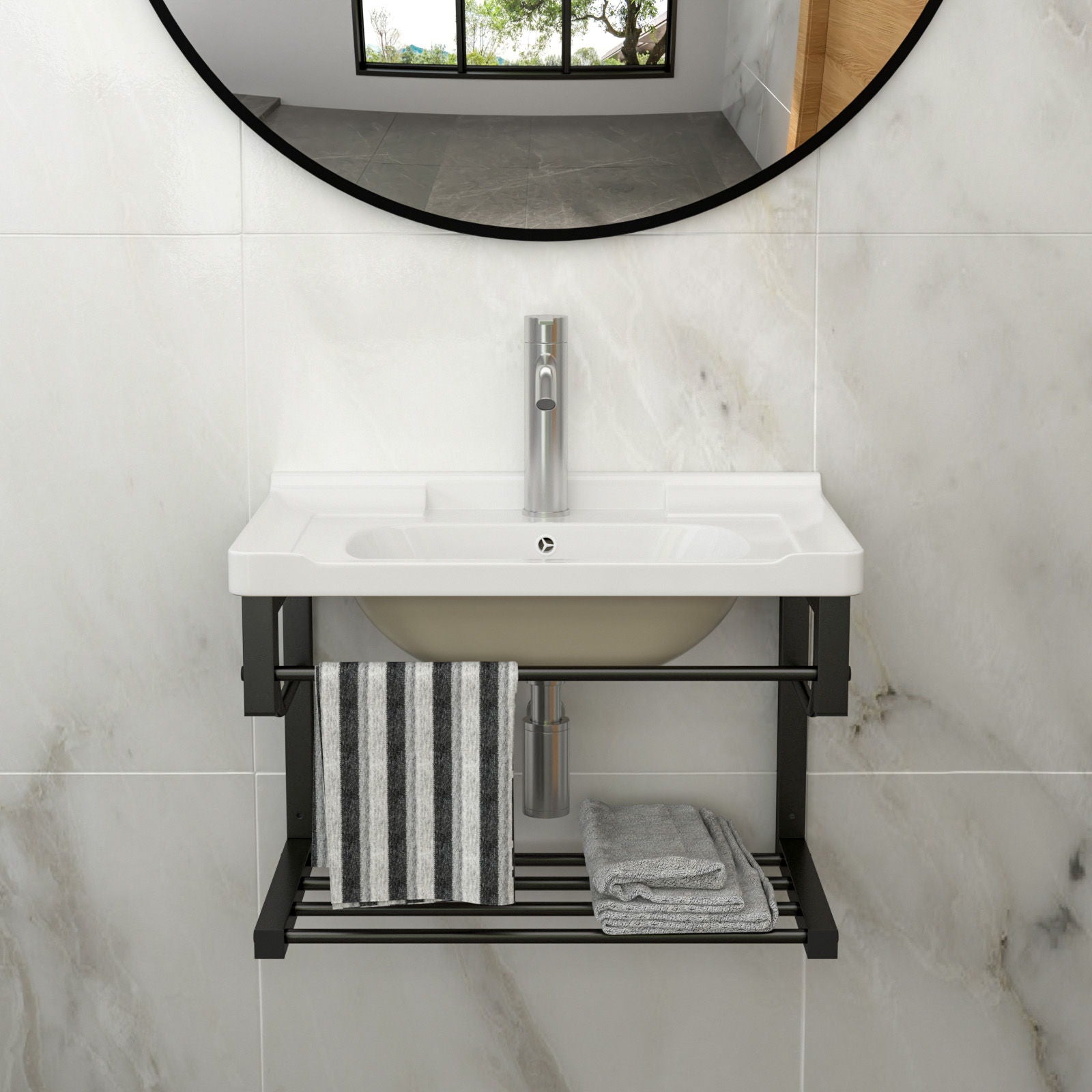 Wall Mounted Rectangular Bathroom Sink With Towel Bar &amp; Overflow - White
