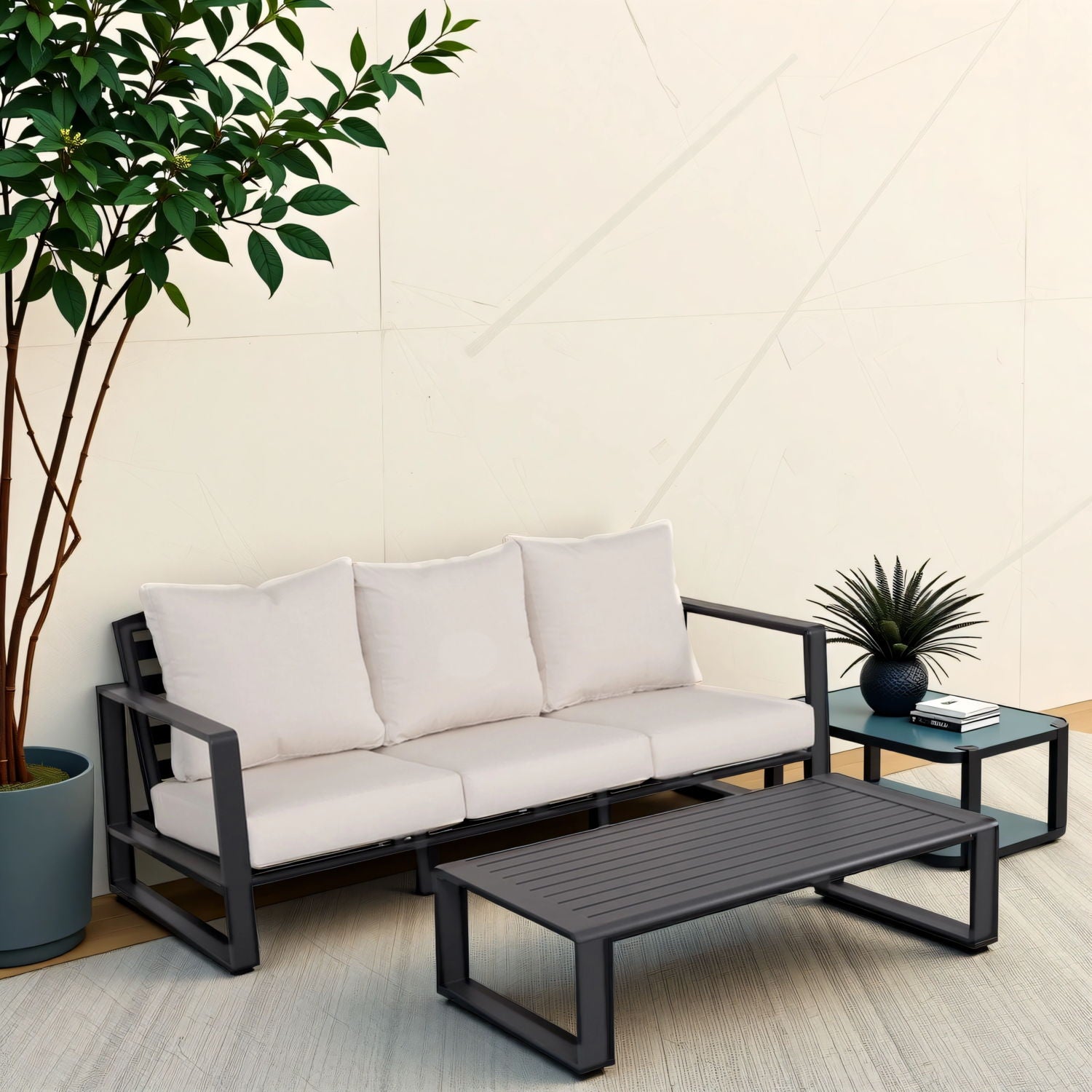 3 Seat Sofa With Rectangular Coffee Table, American Cloth Cushion Tino Tino - Milky White