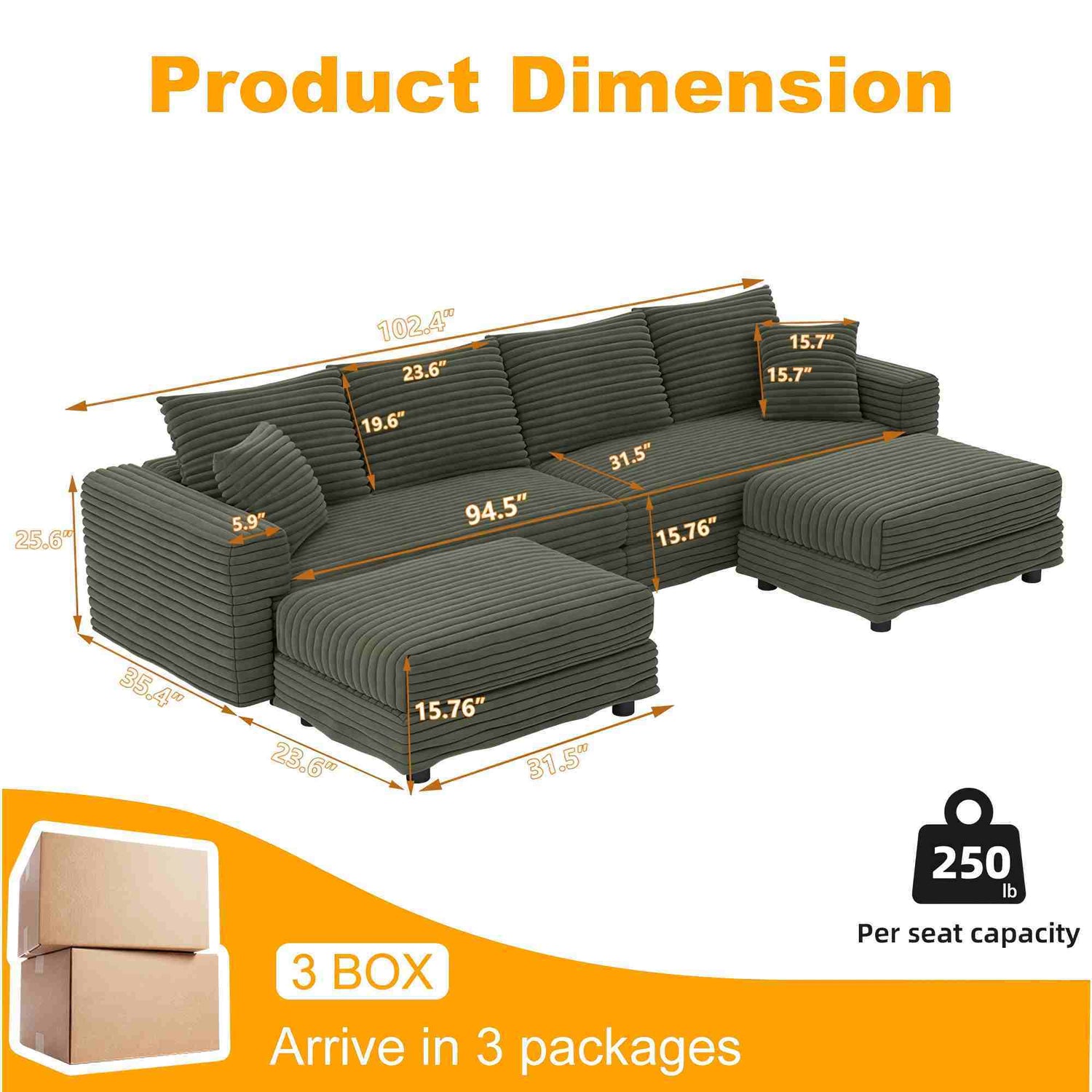 Convertible Deep Seat Sofa With Soft Pillows And Ottomans