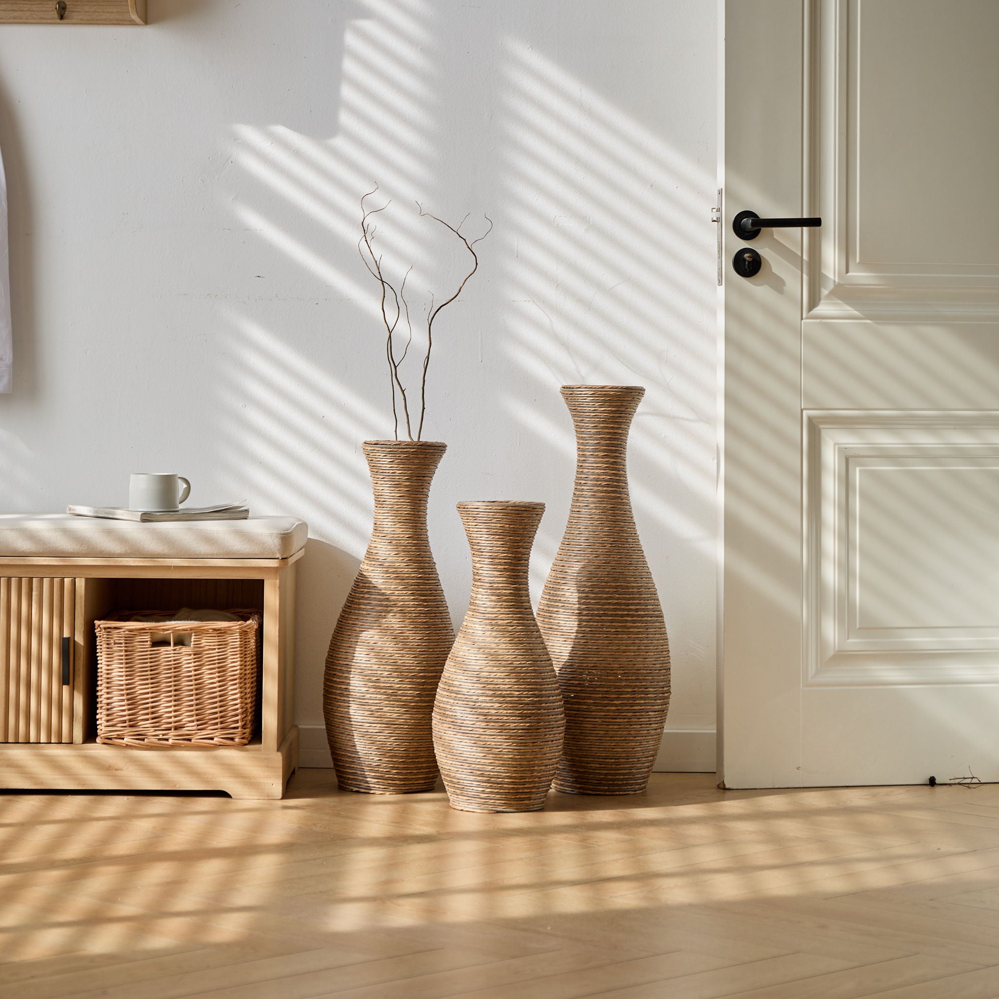 3 Piece Artificial Rattan Floor Vase Set Decorative Accent For Living Room, Hallway &amp; Entryway, Ideal For Dried Or Silk Flower Arrangements - Beige