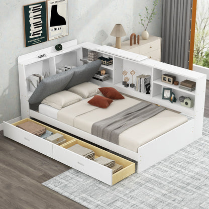 Platform Bed With Storage Headboard, Shelves And 2 Drawers