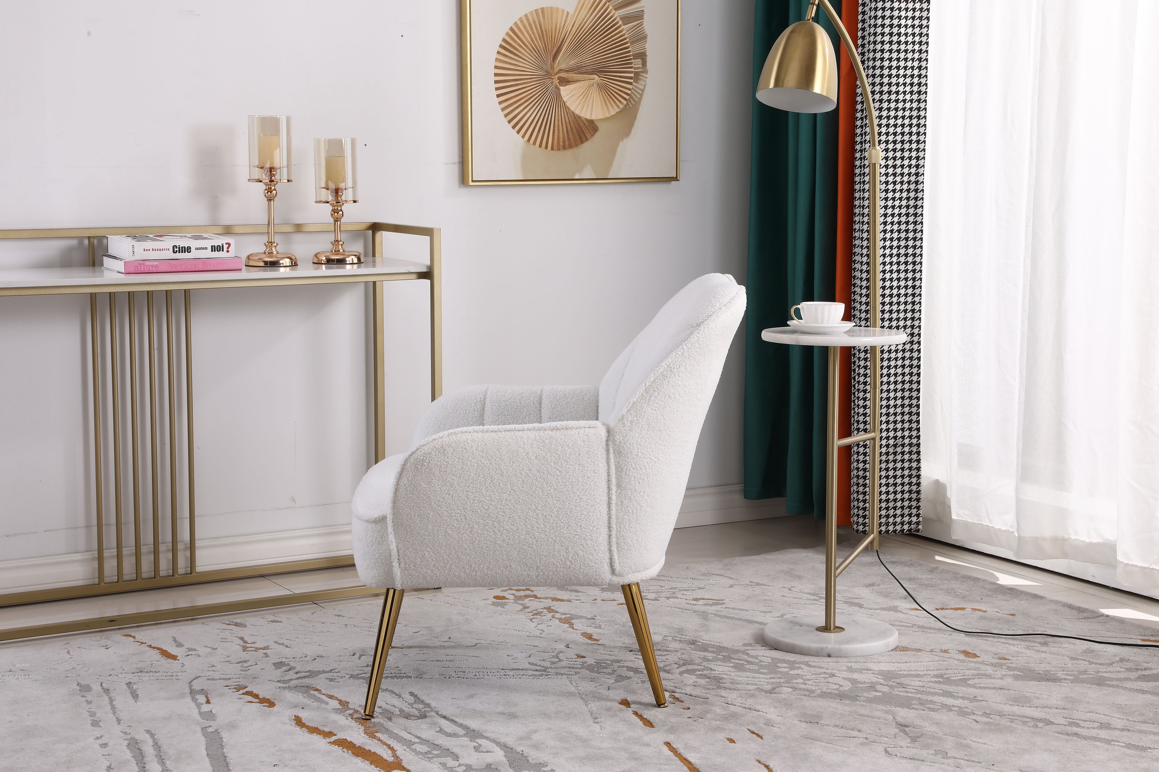 Modern Mid-Century Chair Tufted Sherpa Armchair For Living Room Bedroom Office