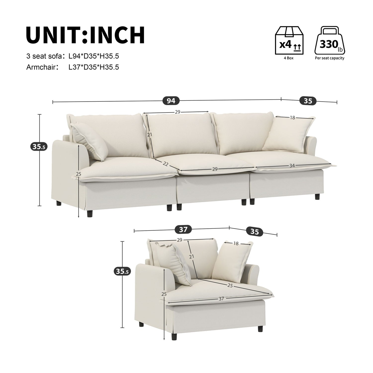 Living Room Set Modular Sectional Couch, Upholstered Sofa &amp; Armchair &amp; Movable Ottoman
