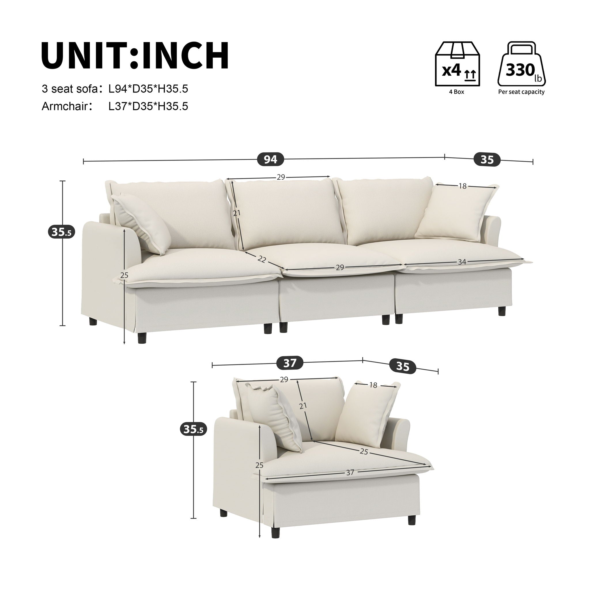 Living Room Set Modular Sectional Couch, Upholstered Sofa &amp; Armchair &amp; Movable Ottoman