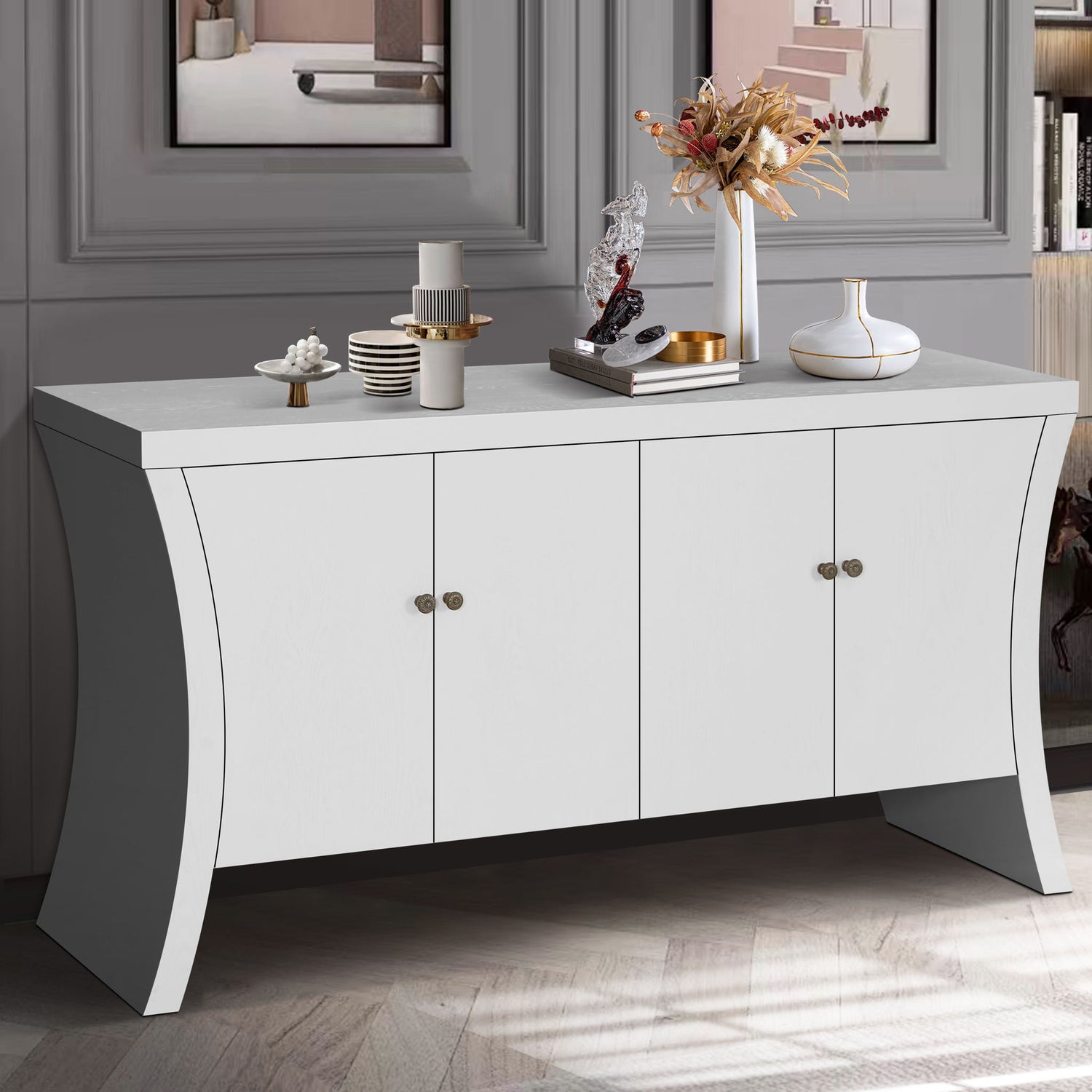 Refined Industrial 4 Door Credenza With Arc Legs &amp; Bronze Clasps
