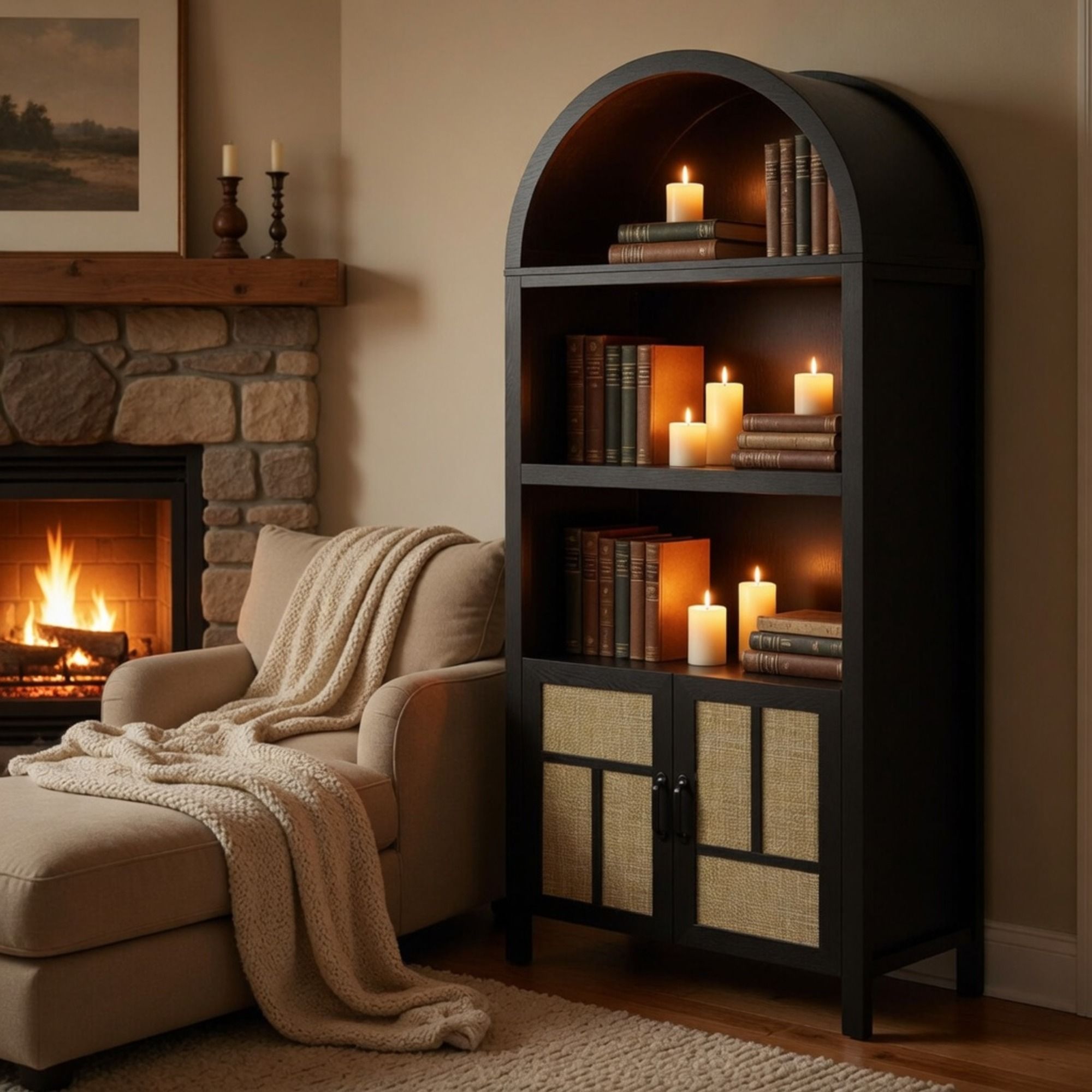 Arched Pantry Cabinet With Adjustable Storage &amp; Doors - Black