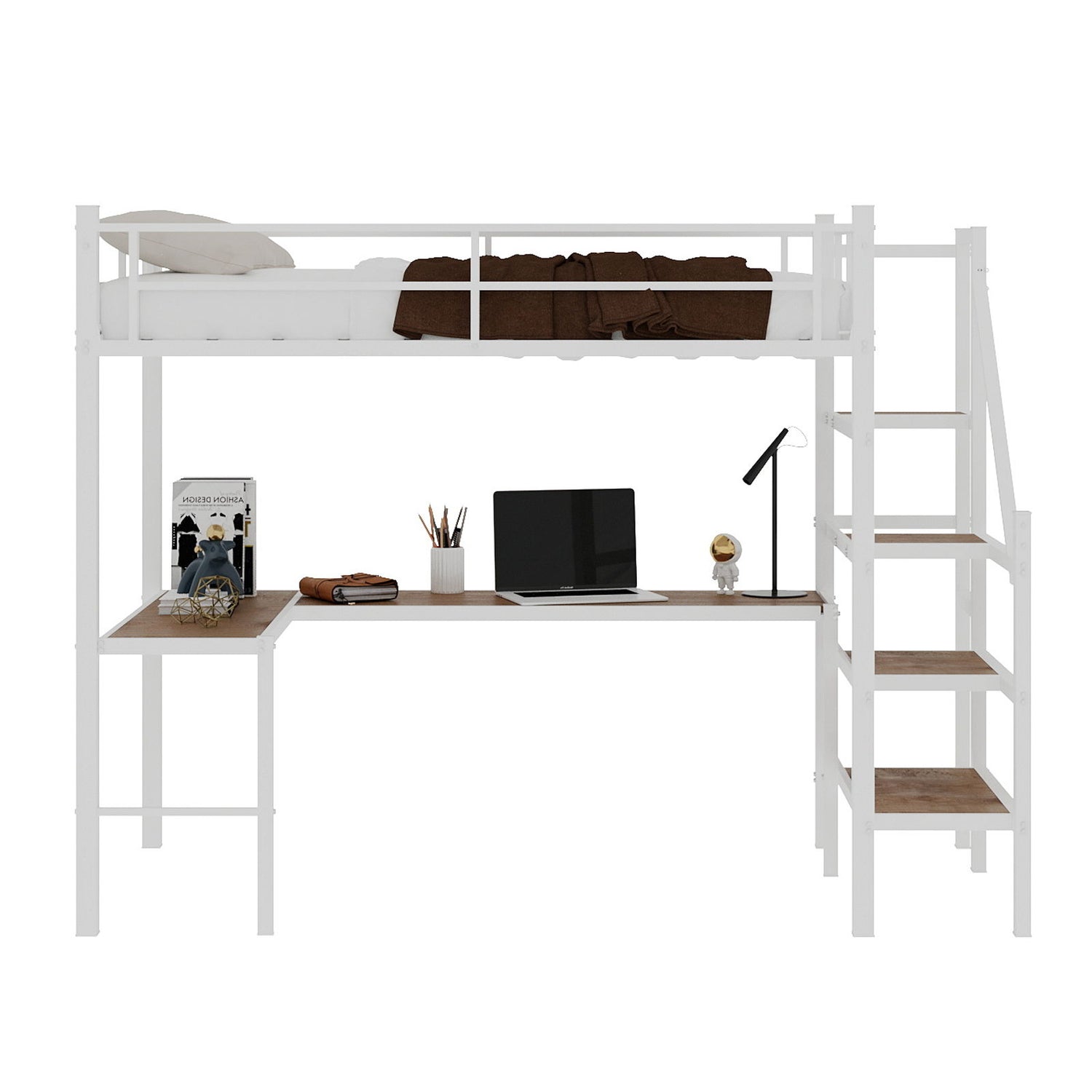 Loft Bed &amp; L-Shaped Desk, Large Storage Space