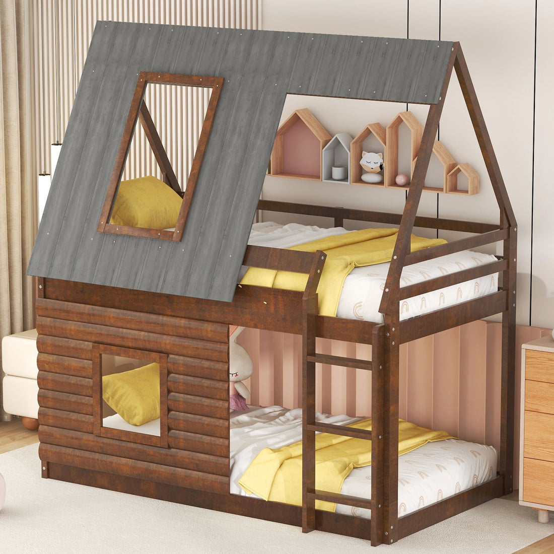 Wood Twin Size House Bunk Bed With Roof, Ladder And 2 Windows - Oak &amp; Smoky Gray